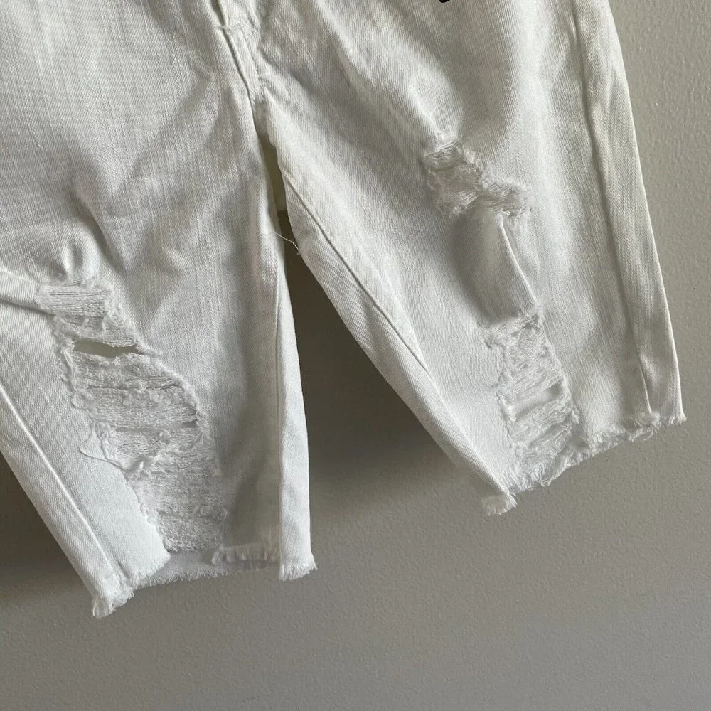 Boom Boom Women SZ 3 White Distressed Long Bermuda Denim Jean Shorts NWT